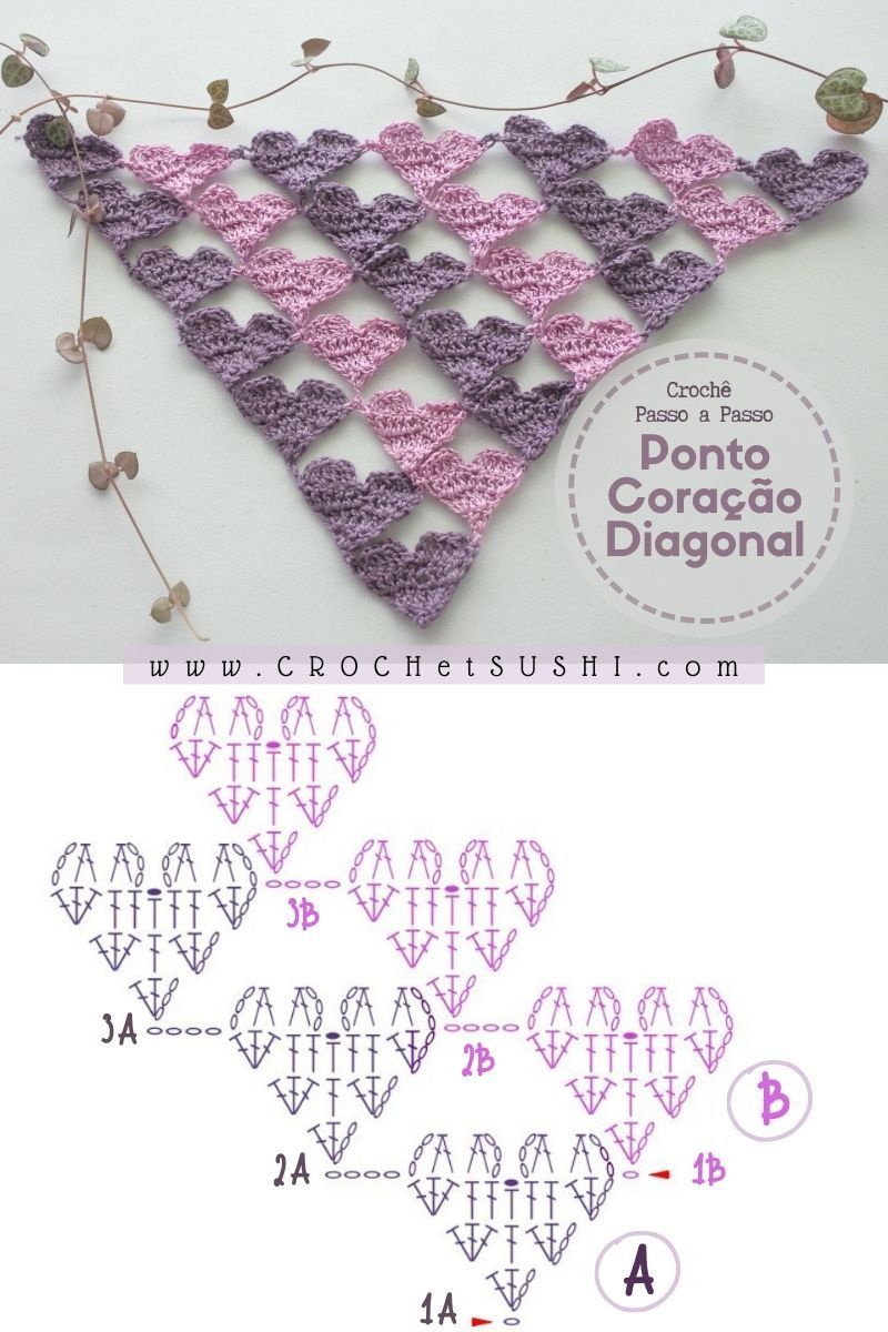 Ponto coração diagonal passo a passo e gráfico para imprimir