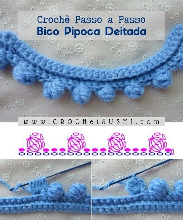 Bico pipoca deitada de crochê passo a passo +gráfico